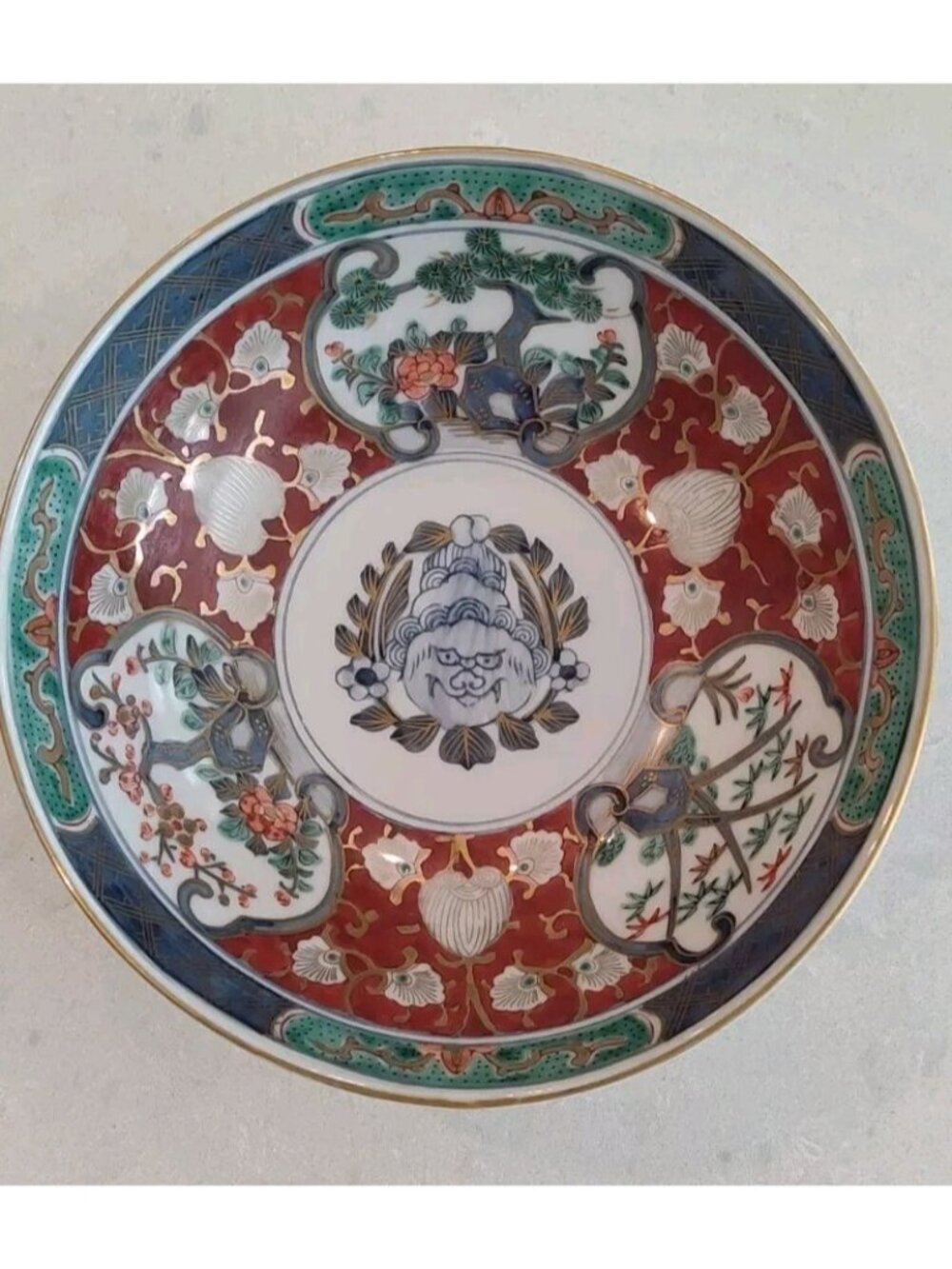 Japanese Imari Bowl Shishi Lion Dog & Floral Panels Meiji Era Chenghua Mark